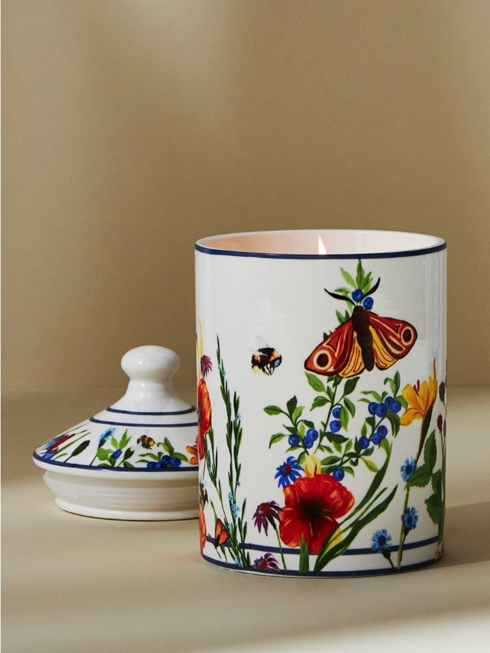 Floral Butterflies Ceramic Jar with Lid - White, Red, Blue